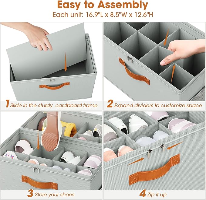 2 Pack Shoe Organizer for Closet,Foldable Shoe Storage Organizer with Adjustable Dividers, Shoe Storage Box with Clear Cover, Fits up to 16 Pairs, Gray