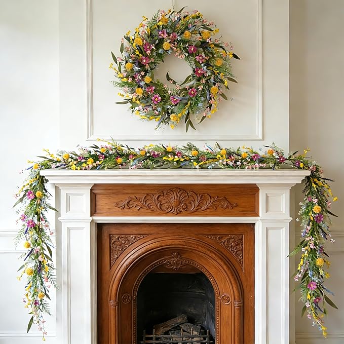 70-Inch Spring Summer Flower Garland for Mantle, Floral Garland with Colorful Wildflowers, Forsythia & Lavender Flowers for Decor, All Year Round Artificial Flower Garlands for Home Decor
