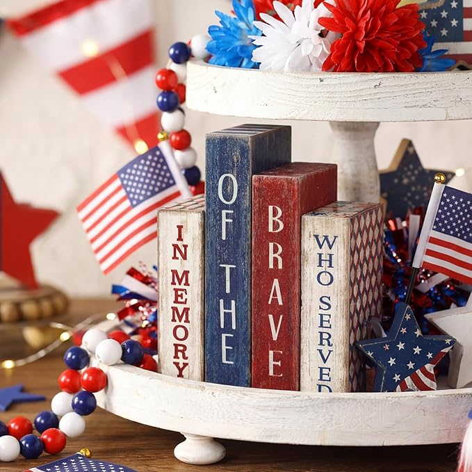 Lineshading 4 Pcs 4th of July Table Decoration Memorial Day Wooden Book America Decor Patriotic Tiered Tray Decor Red White Blue Block Sign for 250th Anniversary Independence Day Home Shelf Coffee Bar