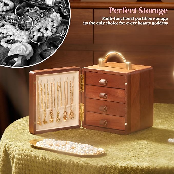 Wooden Jewelry Box for Women 4 Tier Walnut Wooden Jewelry Box with handle (White Deer Print B)