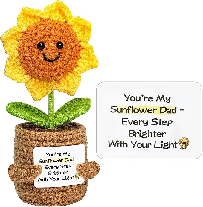 Funny Fathers Day Dad Gifts from Daughter Son - Handmade Positive Crochet Sunflower Gift for Dad Cool Daddy Presents, Small Cute Stuff Things, Positive Emotional Support Gifts Idea for Father