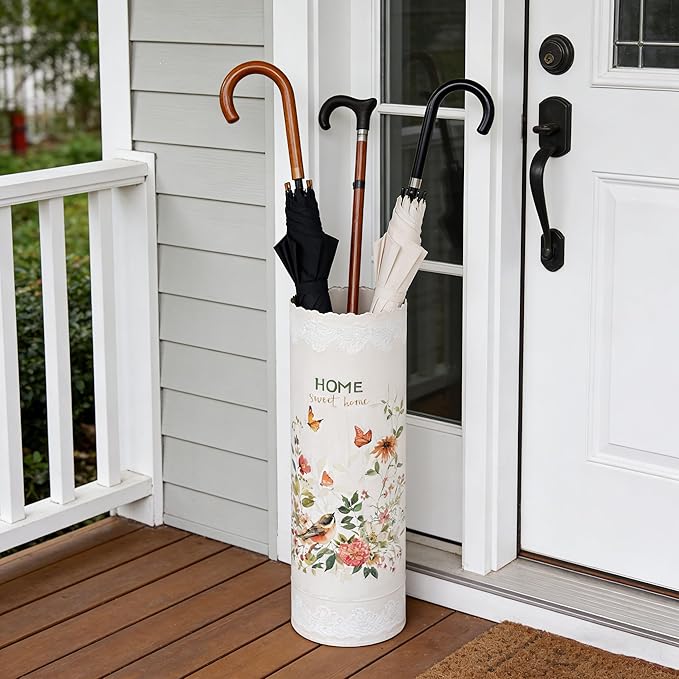 Vintage Metal Round Umbrella Holder Decorative Flower Design Umbrella Stands Entryway Organizer Bucket for Home/Office/Farmhouse - Holds Multiple Umbrellas, Walking Sticks & Canes Flower Pink