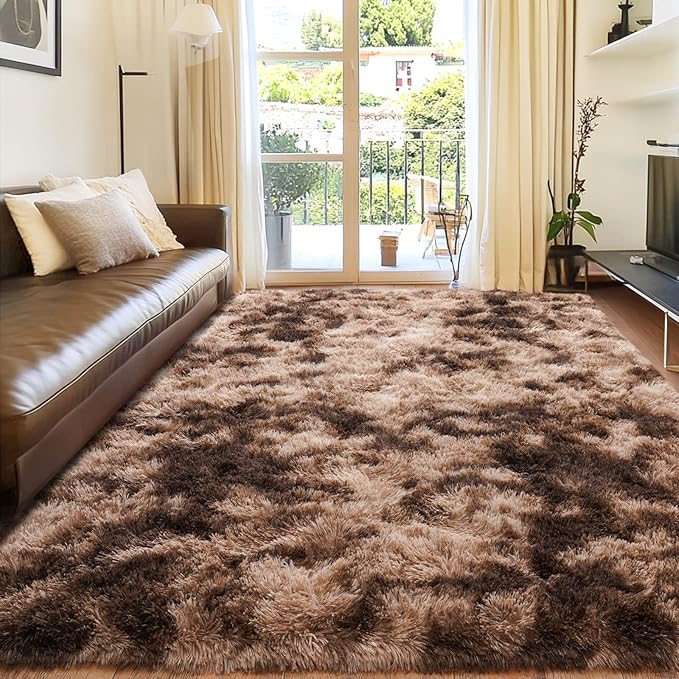 Rugs for Living Room 8x10, Soft Shaggy Modern Shag Area Rug for Bedroom, Upgrade Non-Slip Plush Fluffy Carpet for Kids Boys Girls Room Home Decor Aesthetic, Tie-Dyed Brown