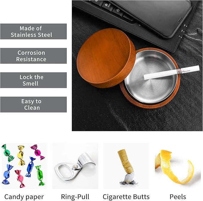 Wooden Ashtray with Lid for Smokers Stainless Steel Liner Ash Tray Windproof Durable Easy to Clean Cool Ashtrays for Indoor or Outdoor Use, Patio, Office & Home (Red)