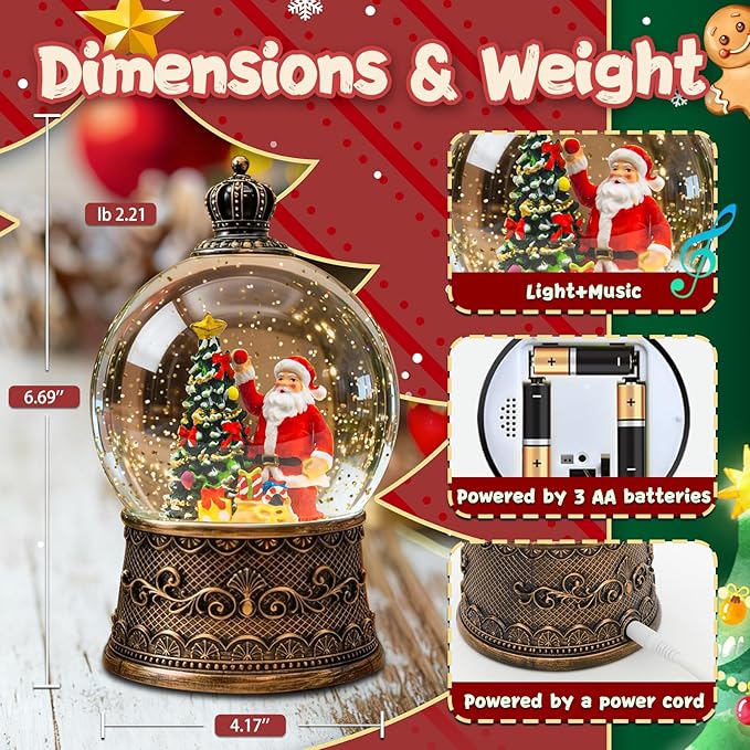 Christmas Snow Globes Lantern, Santa Claus and Gifts Christmas Decorations Indoor, 6H Timer Battery & USB Powered Light Up Musical Snow Globes for Kids Women Adults Gift Thanksgiving Home Decor