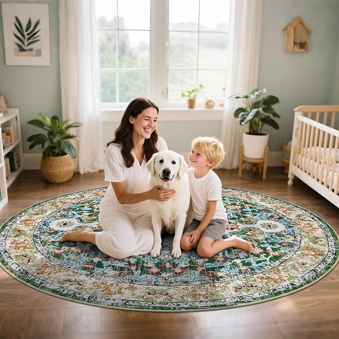 U'Artlines Boho Vintage Round Area Rug 8ft Machine Washable Low Pile Soft Floor Carpet Non Slip Non Shedding Accent Rug for Living Room Bedroom Entryway Dining Room Office Green