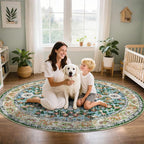 U'Artlines Boho Vintage Round Area Rug 8ft Machine Washable Low Pile Soft Floor Carpet Non Slip Non Shedding Accent Rug for Living Room Bedroom Entryway Dining Room Office Green