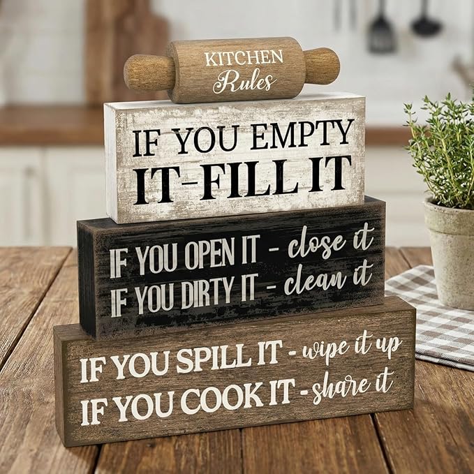 Moucuny 4 Pcs Rustic Wooden Table Decor Farmhouse Kitchen Rules Wood Sign Black Brown and White Centerpiece Rolling Pin Block Sign for Home Living Room Dining Room Shelf Table Decor
