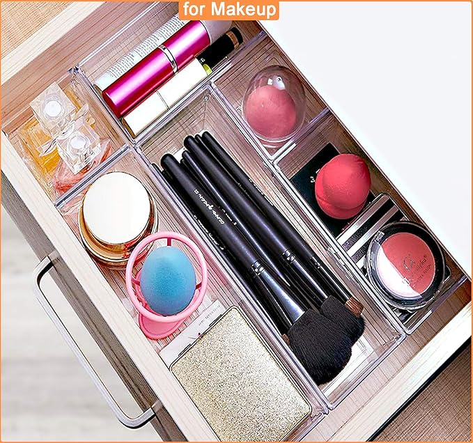 DCA 28 PCS Clear Plastic Drawer Organizers Set, 4-Size Versatile Bathroom and Vanity Drawer Organizer Trays, Storage Bins for Makeup, Bedroom, Kitchen Gadgets Utensils and Office