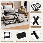 26.77" Full Assembled Luggage Rack for Guest Room, Set of 2 Bamboo Foldable Suitcase Stand, Bedroom & Hotel, Folding Luggage Holder with 5 Nylon Straps, 600D Oxford Fabric Shelf Black