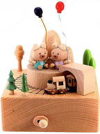 Natural Solid Wood Handcrafted Beech Wooden, Musical FigureTotoro/Carousel/Fairy/Ballerina Figurine,Rotating Hand Crank Mechanism Music Box,Musical Decorations (Little Bear and Train)