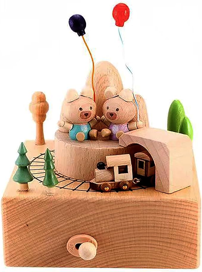 Natural Solid Wood Handcrafted Beech Wooden, Musical FigureTotoro/Carousel/Fairy/Ballerina Figurine,Rotating Hand Crank Mechanism Music Box,Musical Decorations (Little Bear and Train)
