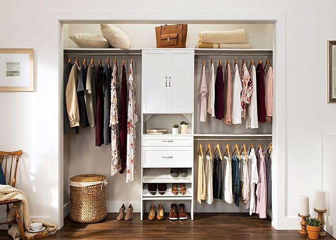 ClosetMaid SuiteSymphony Wood Closet Organizer System, 25-Inch Starter Kit with Tower and 3 Hang Rods and Shelving, Adjustable Shelves, Customizable Insert, Reach-in or Walk-in Closets, Pure White