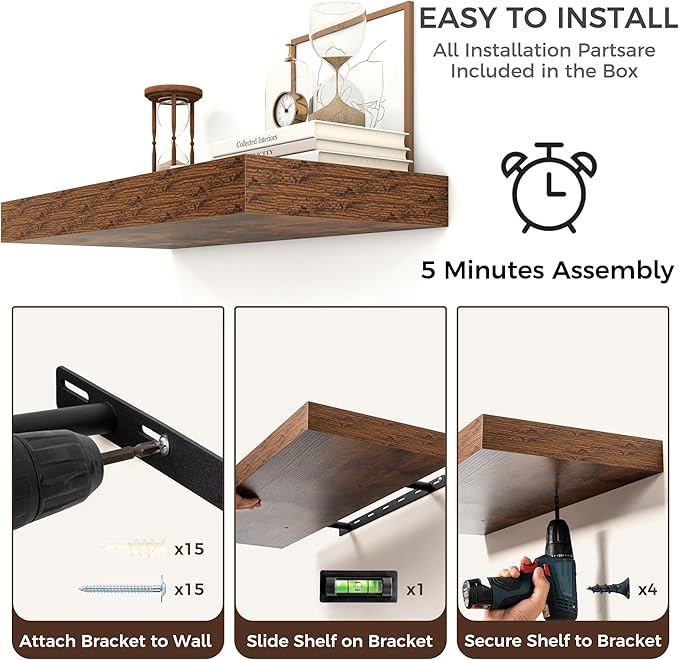 Venusmiles Floating Shelves for Wall, 72 Inch Wide x 12 Inch Deep Floating Shelves, Long Wood Floating Wall Shelf Shelves for Living Room Bathroom Bedroom Kitchen Home - (Brown, 72" W x 12" D x 2" H)