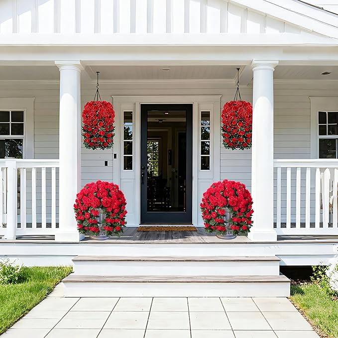 Ivydale Fake Geraniums Artificial Flowers for Outdoors Spring Plants Decor, 2 PCS Red Faux Hanging Flowers Outdoor Realistic Silk Geraniums Vines UV Resistant for Outside Planters Porch Patio Garden