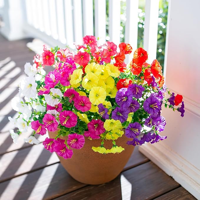 Artificial Flowers Fake Plants for Outdoors Decoration, 12 Bundles Silk Morning Glory with Eucalyptus Realistic UV Resistant Faux Flowers for Outside Planter Porch Yard Patio Garden Home Indoor, Mix