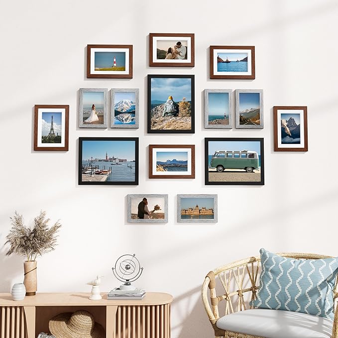 Vittanly 15 Pack Picture Frames Collage Wall Decor, Multi Sizes Including 3pcs 8x10, 6pcs 5x7 and 6pcs 4x6 Photo Frames, Gallery Frame Set for Wall or Tabletop Display, Black, Walnut Brown and Grey