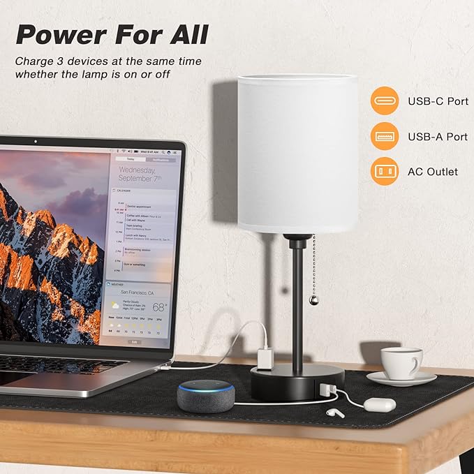 Bedside Table lamp for Bedroom Set of 2 - 3 Color Temperatures Small Lamps with USB C and A Ports, Pull Chain Table Lamps with AC Outlet, White Nightstand Lamps with Black Metal Base for Kids Reading
