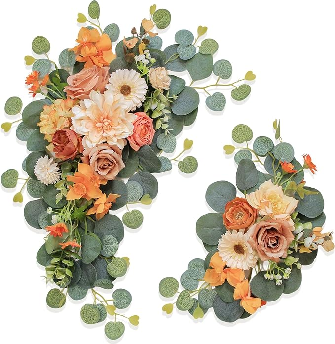 Odouzy Artificial Wedding Arch Flowers for Wedding Sign,Set of 2 for Wedding Welcome Ceremony Sign,Faux Floral Swags,Wedding, Banquet and Reception Backdrop Floral Decoration (Orange)