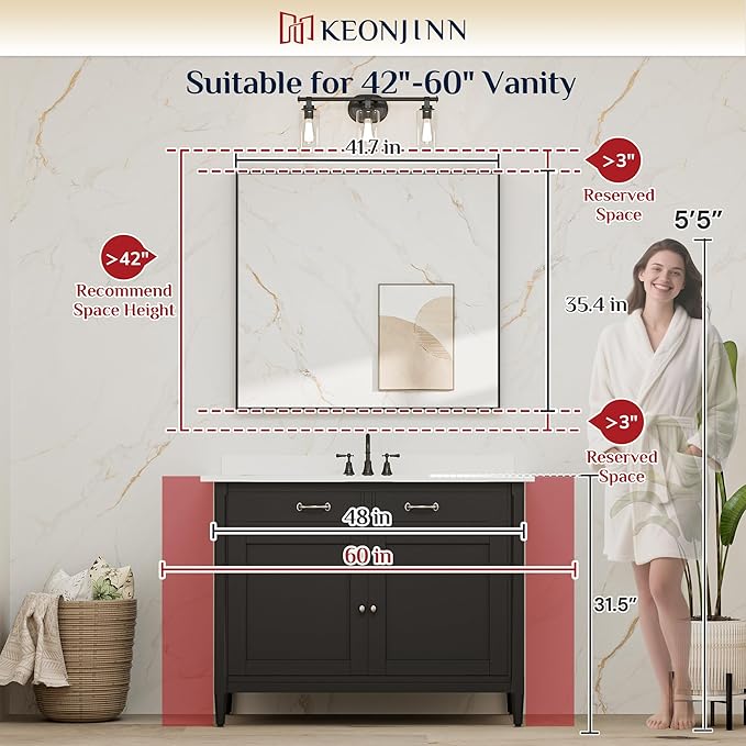 Keonjinn Brushed Gold Bathroom Mirror 42 x 36 Inch Metal Frame Rectangular Large Wall Mirror for Bathroom Sink Gold Vanity Mirror for Over Sink Aluminum Alloy Rectangle Mirror(Horizontal/Vertical)