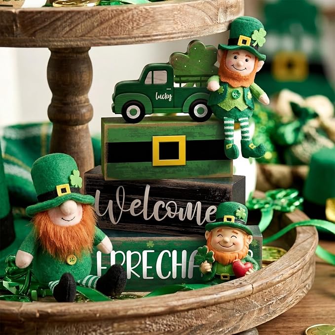 Lineshading 4 Pcs St Patricks Day Table Decor Leprechaun Wooden Stacked Blocks with Lucky Green Truck St. Patrick's Day Tiered Tray Decor Welcome Leprechauns Irish Centerpieces for Home Kitchen