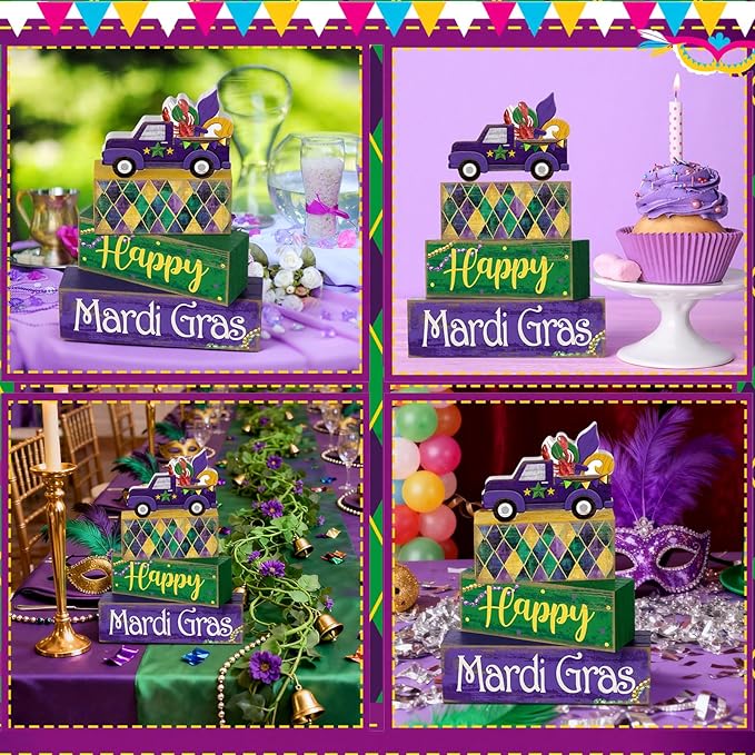 Lineshading 4 Pcs Mardi Gras Decorations Mardi Gras Table Centerpieces Wooden Truck Purple Golden Green Carnival Tiered Tray Decor Truck Block Signs for Masquerade Party Home Office Carnival Decor