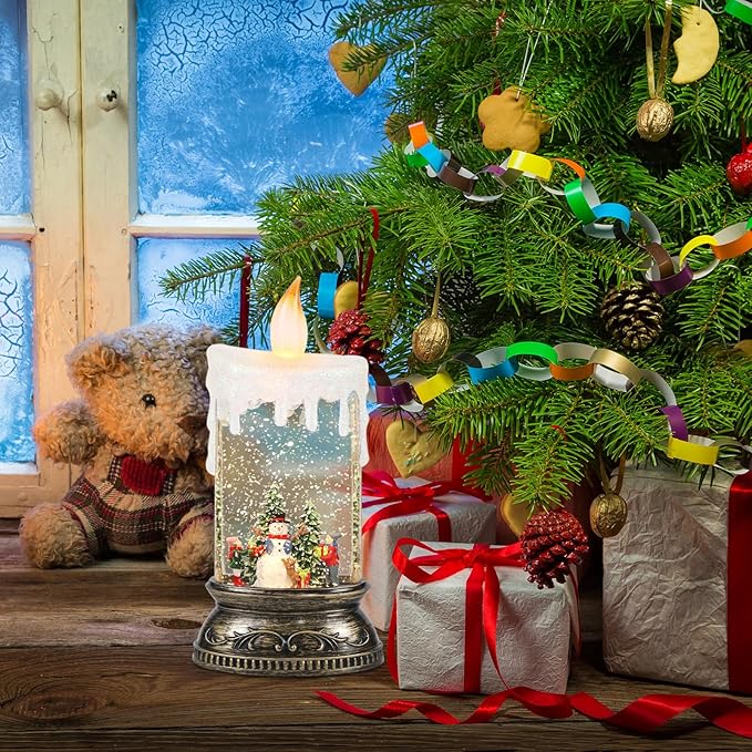 GenSwin Christmas Snow Globe Candle, Swirling Glittering Candle with Timer, Music, Snowman and Kids Scene, Winter Snow Shaped Lantern, USB/Battery Operated Candles for Christmas Decor