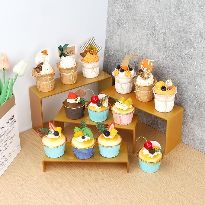 ELEGANTLIFE Acrylic Display Risers Set of 4, 4-Level Tiered Display Stands for Cupcakes, Small Figures & Jewelry, Compact Countertop Display Shelf, Multiple Colors Available (Gold)