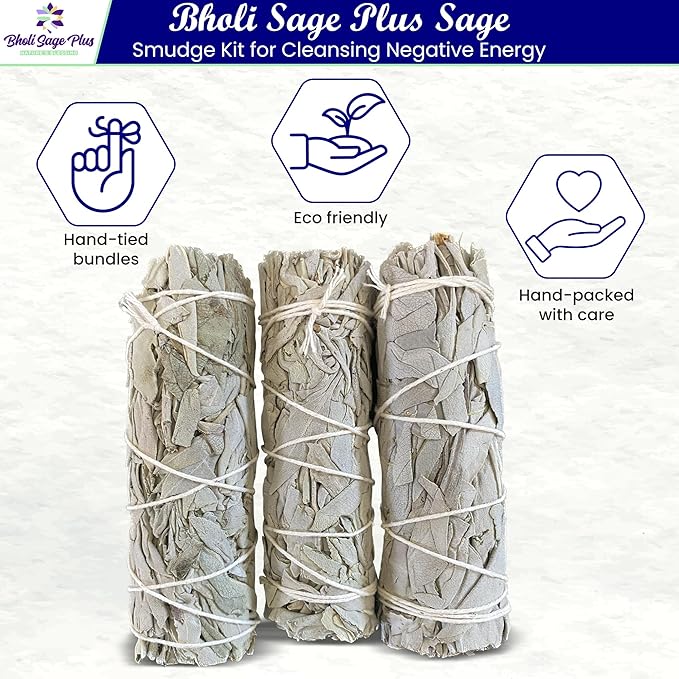 Bholi Sage Plus White Sage Sticks Pack of 3, Sage Smudge Kit 4'' Long Dried Sage Sticks for Meditation, Smudging and Cleansing, Getting Rid of Negative Energy
