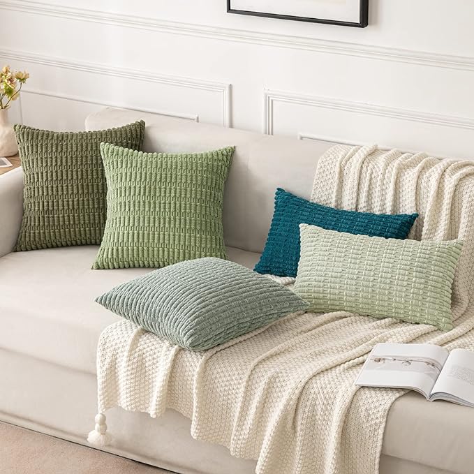 MIULEE Pack of 2 Spring Corduroy Decorative Euro Sham Throw Pillow Covers 24x24 Inch Soft Boho Striped Pillow Covers Modern Farmhouse Home Decor for Summer Sofa Living Room Couch Bed Greyish Green