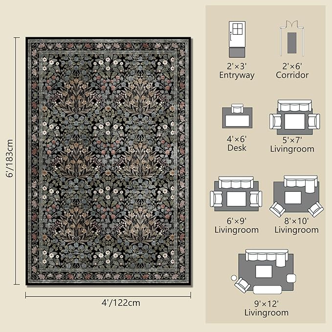 Traditional Design Vintage Floral Area Rug 4 x 6,Washable Area Rugs - Perfect for Living Room, Bedroom, Pet & Child Friendly, Nursery - Stain & Water Resistant Non-Slip, Dining Room Decor
