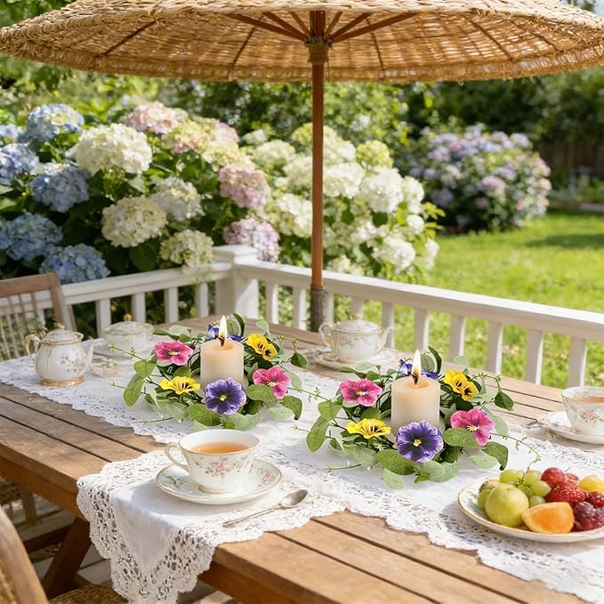 6 PCS Summer Floral Wreaths for Kitchen Cabinet Artificial Pansy Flowers Wreaths with Fern Branches Flocked Lamb Ear Leaves Mini Wreath Spring Floral Small Wreath for Table Centerpiece Farmhouse Decor