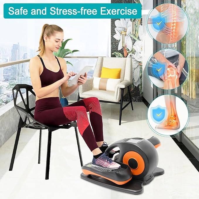 Under Desk Elliptical Machine, Elliptical Exercise Machine with Remote Control, Portable Ellipse Machine Supports Auto & Manual Mode, Leg Exerciser for Seniors Adults Teens, Orange