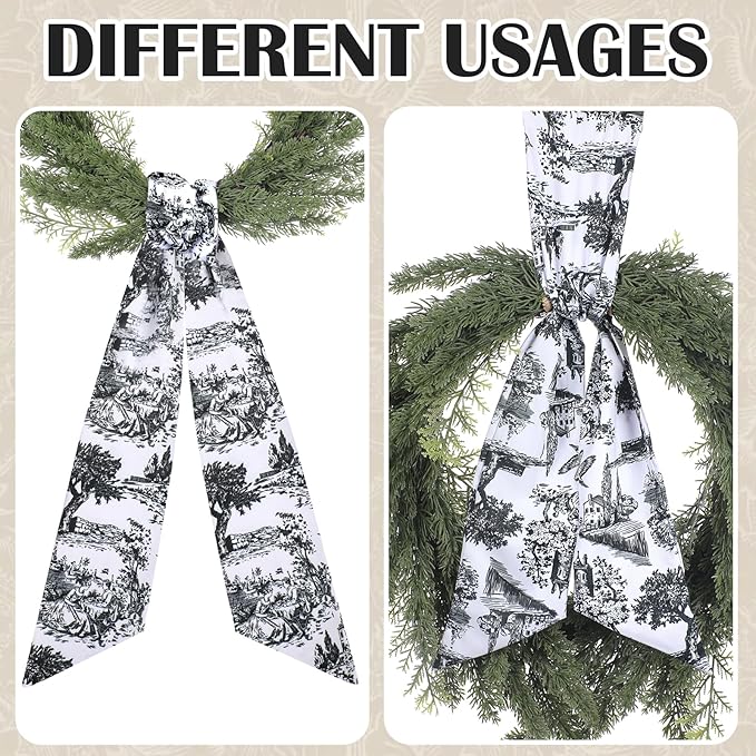 Black Wreath Sash for Front Door - 2 Pcs Dark French Toile Sashes for Wreaths Home Decor, Rustic Wreath Sash for Embroidery Monogram Farmhouse Yard