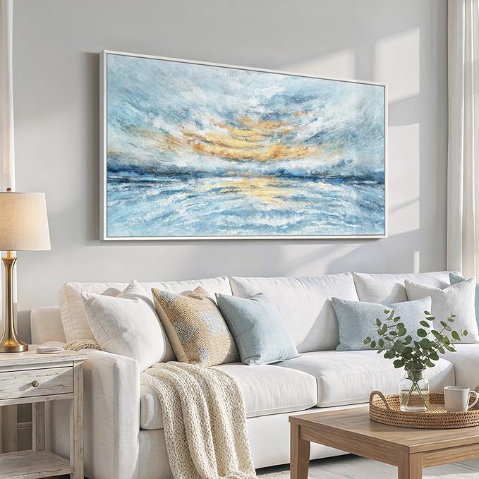Large Framed Blue Gold Abstract Wall Art for Living Room, Horizontal Coastal Canvas Prints Paintings Artwork for Walls, Modern Ocean Landscape Pictures Wall Decor for Bedroom Dining Room Office 30x60