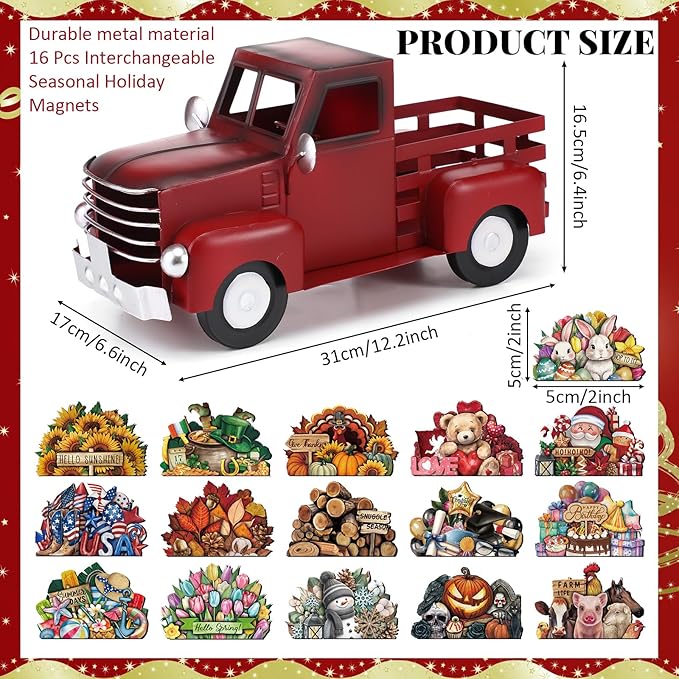 Threehoney Farmhouse Truck Decor 12.2 Inch Vintage Red Metal Truck with 16 Magnet Patriotic Table Decoration Summer Centerpieces for Home Kitchen 4th of July Holiday Interchangeable Seasonal Decor