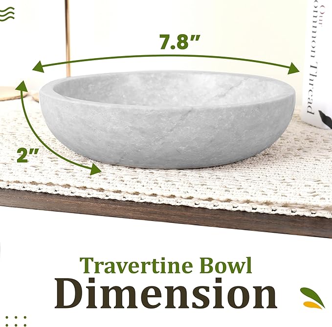 FNTSTICGOODS Travertine Decorative Bowl - 7.8” Diameter & 2” Height - Key Bowl for Entryway Table - Organic Modern Centerpiece - White/Gray