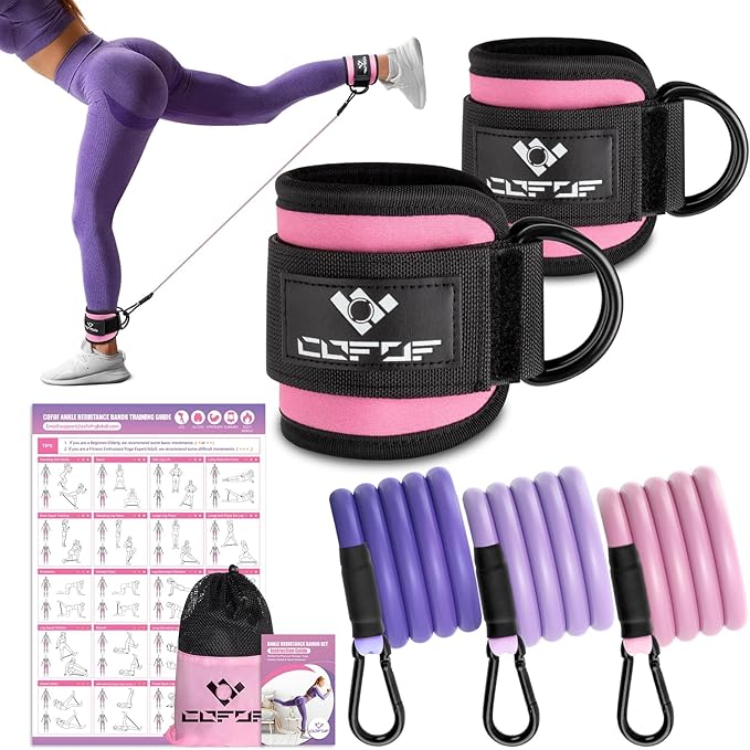 Ankle Resistance Bands with Cuffs, Ankle Bands for Working Out, Kickbacks Hip, Leg Glute Exercise Equipment with Training Poster, Resistance Workout Equipment for Women