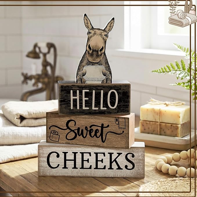 Moucuny 4 Pcs Donkey Bathroom Decor Set Farmhouse Bathroom Decor and Accessories Rustic Hello Sweet Cheeks Wooden Blocks Signs Funny Donkey Toilet Shelf Decoration for Home Office Half Bath