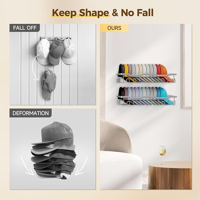 Nicetree Hat Racks for Baseball Caps Wall - Metal Hat Organizer for 48 Baseball Caps Holder, 2 Pack Hat Storage Organizer for Closet, Bedroom, Living Room Grey