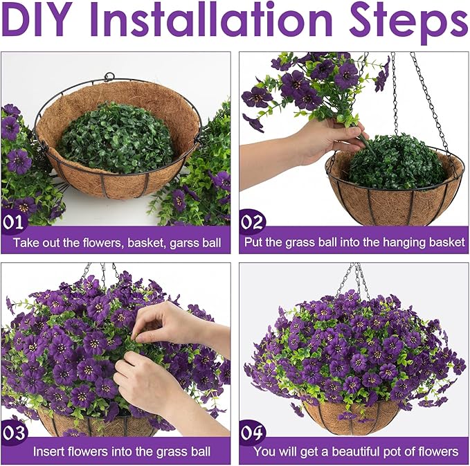 Hananona 2 Set Artificial Outdoor Flowers with Hanging Basket, 2 Hanging Planters with 24 Pcs Flowers for Spring Summer Front Porch Garden Patio Home Decor (2, Purple)