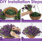 Hananona 2 Set Artificial Outdoor Flowers with Hanging Basket, 2 Hanging Planters with 24 Pcs Flowers for Spring Summer Front Porch Garden Patio Home Decor (2, Purple)