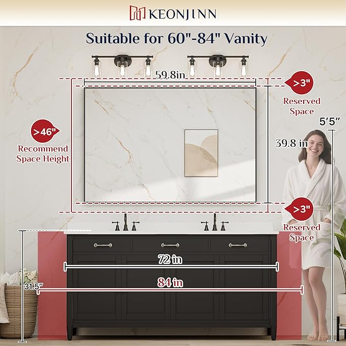 Keonjinn Black Mirror for Bathroom 60 x 40 Inch, Rectangular Matte Black Large Wall Vanity Mirrors, Metal Framed Rectangle Farmhouse Mirror, Modern Square Corner Framed Mirrors(Horizontal/Vertical)