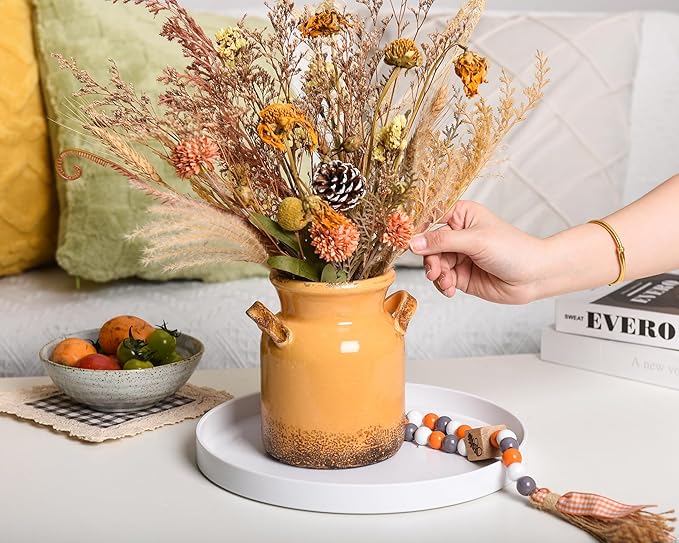 Quoowiit Ceramic Rustic Farmhouse Vase, Distressed Decorative Flower Vase for Home Decor, Ideal Shelf Decor, Yellow Boho Vases for Living Room Bedroom Kitchen Office Centerpiece Table Decorations