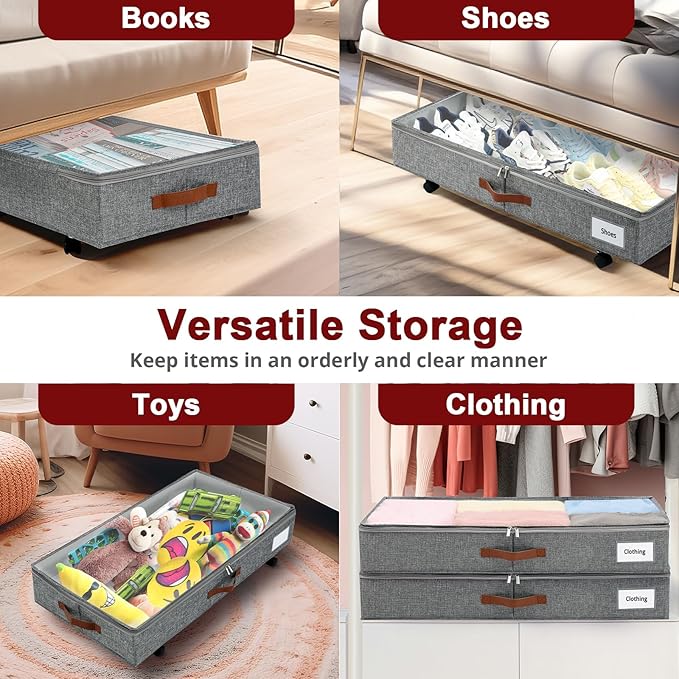 Under Bed Storage with Wheels Set of 2 Packs, Large Underbed Storage Containers with Clear Lid, Rolling Under Bed Shoe Organizer, Wheeled Under Bed Drawers for Blankets, Clothes, Shoe, Bedding Grey