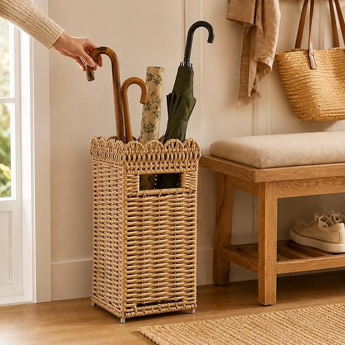 AceList Woven Umbrella Holder for Entryway, Rattan Umbrella Stand for Indoor Foyer with Removable Drip Tray, Scalloped Cane Holder Basket for Walking Sticks & Front Door, Farmhouse Decor, 16.5" Tall