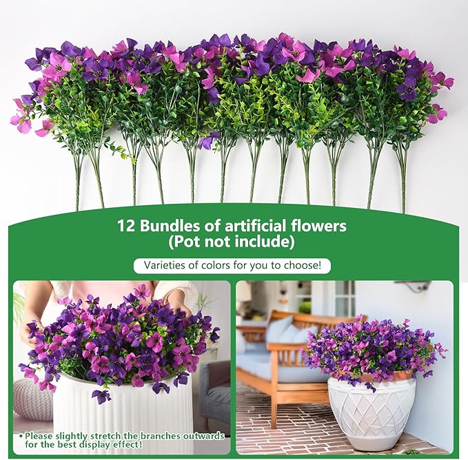 Homsunny Artificial Fake Flowers Plants for Outdoors - 12 Bundles Fake Plants Faux Silk Flowers Outside, UV Resistant for Planter Front, Porch, Garden, Patio, Spring Decor