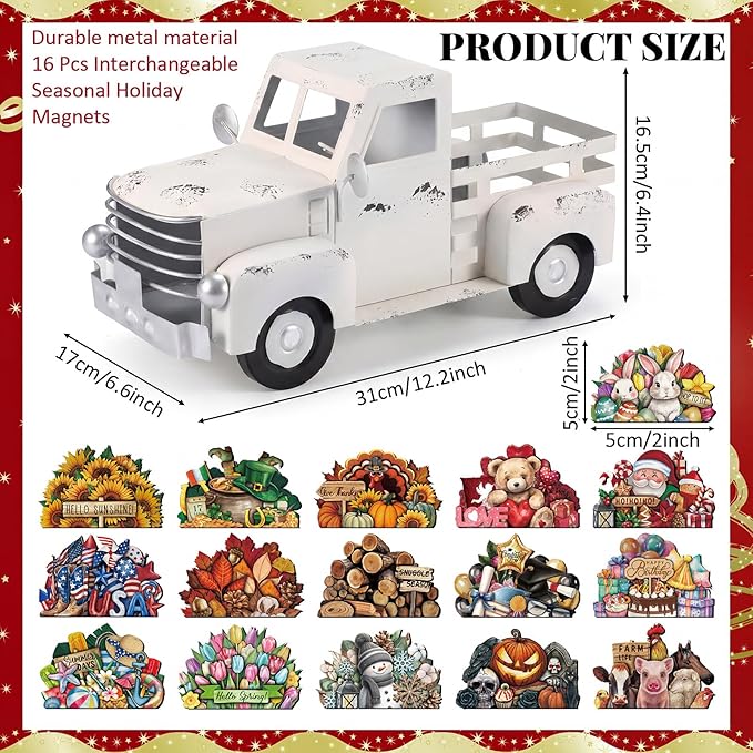 Threehoney Farmhouse Truck Decor 12.2 Inch Vintage White Metal Truck with 16 Magnet Patriotic Table Decoration Summer Centerpieces for Home Kitchen 4th of July Holiday Interchangeable Decor
