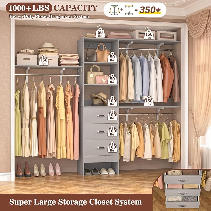 8FT Closet System, 96'' Closet Organizer System with 3 Hanging Rods, Wall Mount Bedroom Wardrobe with 3 Drawers Walk-in Closet, Adjustable Cloth Garment Rack from 5 to 8FT (Cut to Fit), Grey