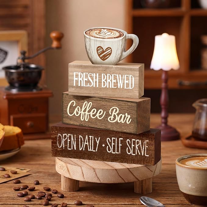 Moucuny 4 Pcs Farmhouse Coffee Bar Signs Decor Wooden Cup Rise & Shine It's Coffee Time Rustic Wood Cafe Sign Gift for Home Kitchen Tabletop Decor